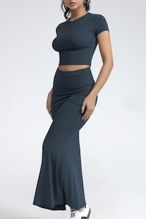 Foto 3 | Foto 3 | Conjunto De Dos Piezas Chyrii De Manga Corta Y Falda Larga Para Mujer Color Azul Marino L - Venta Internacional.