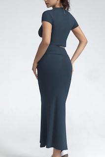 Foto 4 | Foto 4 | Conjunto De Dos Piezas Chyrii De Manga Corta Y Falda Larga Para Mujer Color Azul Marino L - Venta Internacional.