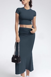 Foto 5 | Foto 5 | Conjunto De Dos Piezas Chyrii De Manga Corta Y Falda Larga Para Mujer Color Azul Marino L - Venta Internacional.