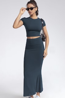 Foto 6 | Foto 6 | Conjunto De Dos Piezas Chyrii De Manga Corta Y Falda Larga Para Mujer Color Azul Marino L - Venta Internacional.