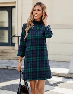 Foto 5 | Foto 5 | Vestido Yexpine De Lana A Cuadros De Otoño Para Mujer Con Pajarita Verde - Venta Internacional.