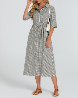 Foto 7 | Foto 7 | Vestido Largo Yexpine A Cuadros De Media Manga Con Cuello En V Y Cinturón Para Mujer - Venta Internacional.