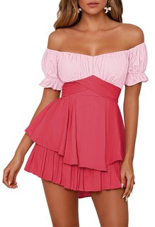 Foto 1 | Foto 1 | Romper Fixmatti De Chifón Con Volantes Y Hombros Descubiertos Rosa Bohemio Para Mujer - Venta Internacional.