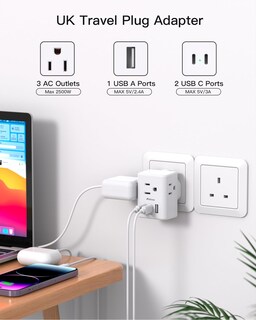 Foto 3 | Foto 3 | Adaptador De Enchufe Mifaso De Ee. Uu. A Reino Unido Tipo G Con 3 Enchufes Y 3 Cargadores Usb - Venta Internacional.