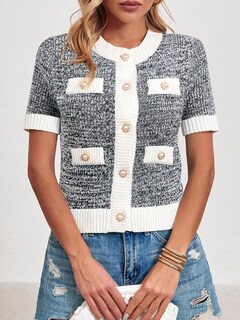Foto 5 | Foto 5 | Cárdigan Langwyqu De Manga Corta Con Botones Para Mujer Color Negro - Venta Internacional.