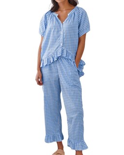 Foto 1 | Foto 1 | Conjunto De Pijama Codcm Para Mujer Manga Corta A Cuadros Azul Claro - Venta Internacional.