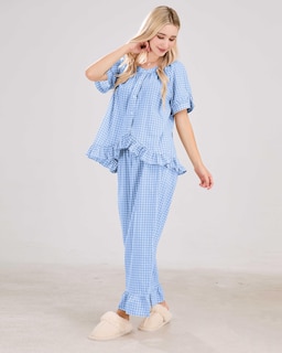 Foto 3 | Foto 3 | Conjunto De Pijama Codcm Para Mujer Manga Corta A Cuadros Azul Claro - Venta Internacional.