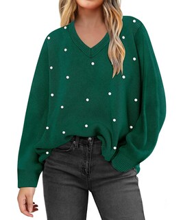 Foto 1 | Foto 1 | Jersey Carcos Talla Grande De Punto De Perlas Verdes Con Cuello En V Para Invierno - Venta Internacional.