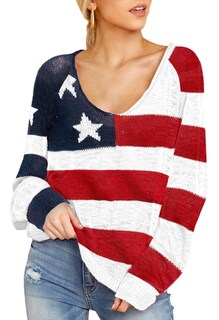 Foto 2 | Foto 2 | Jersey Huusa Para Mujer Con La Bandera Estadounidense Manga Larga Rojo Oscuro Talla M - Venta Internacional.
