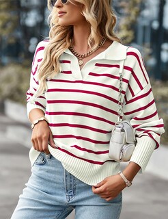 Foto 2 | Foto 2 | Jersey Bqdcqb Para Mujer Polo A Rayas Cuello En V Punto Holgado Rojo Xl - Venta Internacional.