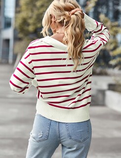 Foto 4 | Foto 4 | Jersey Bqdcqb Para Mujer Polo A Rayas Cuello En V Punto Holgado Rojo Xl - Venta Internacional.