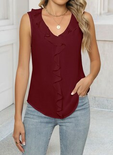 Foto 2 | Foto 2 | Blusa Luxveer Para Mujer Sin Mangas Con Cuello En V Y Volantes Color Rojo Talla L - Venta Internacional.