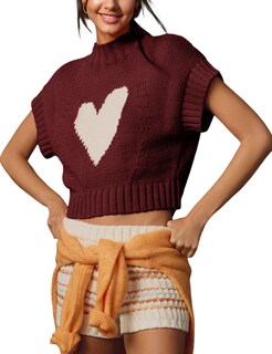 Foto 1 | Foto 1 | Jersey Sin Mangas Taqcux Manga Corta Cuello Alto Punto En Forma De Corazón Vino - Venta Internacional.