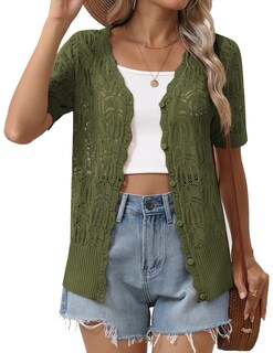 Foto 1 | Foto 1 | Chaqueta Zeagoo Para Mujer  Manga Corta  Cuello En V  Con Botones  Color Verde Militar - Venta Internacional.