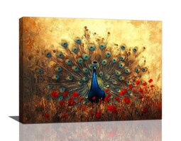 Lienzo Decorativo De Pared Con Forma De Pavo Real  Azul Y Rojo  Flor Dorada  40 X 30 Cm X 3 - Venta Internacional.