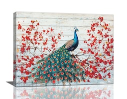 Lienzo Decorativo Rústico Con Pavo Real Azul  40 X 30 Cm - Venta Internacional.