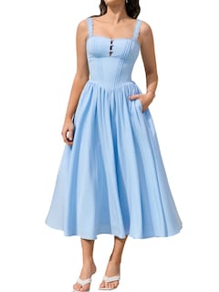 Foto 1 | Foto 1 | Vestido Kutumai De Encaje De Verano Con Cuello Cuadrado  Midi Azul Y Bolsillos  Xs - Venta Internacional.