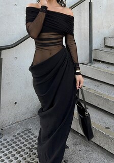 Foto 2 | Foto 2 | Vestido Nrthye De Malla Con Hombros Descubiertos Y Manga Larga Maxi Fruncido Para Mujer - Venta Internacional.