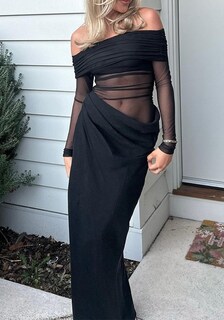 Foto 4 | Foto 4 | Vestido Nrthye De Malla Con Hombros Descubiertos Y Manga Larga Maxi Fruncido Para Mujer - Venta Internacional.