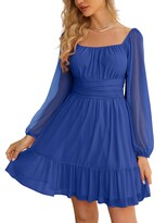 Vestido Wenrine Mesh De Manga Larga Con Cuello Cuadrado En Una Línea Azul Para Mujer - Venta Internacional.