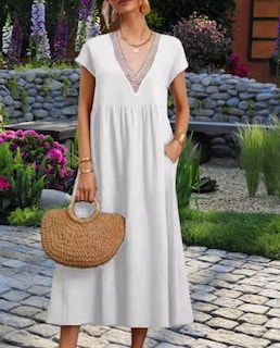 Foto 4 | Foto 4 | Vestido Zhyaj Con Cuello Redondo Y Manga Corta Túnica Holgada De Algodón Blanco - Venta Internacional.