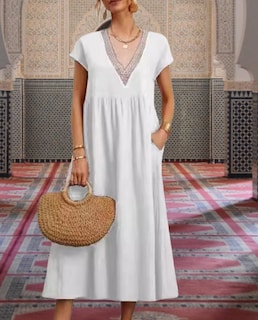 Foto 6 | Foto 6 | Vestido Zhyaj Con Cuello Redondo Y Manga Corta Túnica Holgada De Algodón Blanco - Venta Internacional.