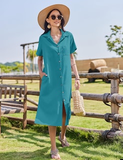 Foto 2 | Foto 2 | Vestido De Verano Hotouch De Manga Corta De Algodón Y Lino Para Mujer - Venta Internacional.