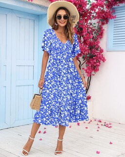 Foto 2 | Foto 2 | Vestido De Verano Auselily Para Mujer Cuello En V Manga Corta Floral - Venta Internacional.