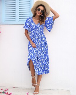 Foto 4 | Foto 4 | Vestido De Verano Auselily Para Mujer Cuello En V Manga Corta Floral - Venta Internacional.