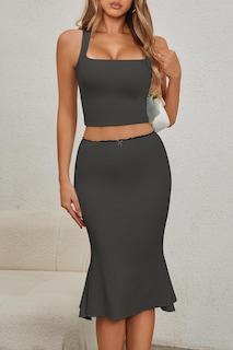 Foto 2 | Foto 2 | Conjunto De Dos Piezas Chyrii Vestido Sin Mangas Con Cuello Cuadrado Para Mujer Gris Oscuro - Venta Internacional.