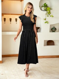 Foto 4 | Foto 4 | Vestido Simplee A Rayas Midi Summer A Line Negro Para Mujer - Venta Internacional.