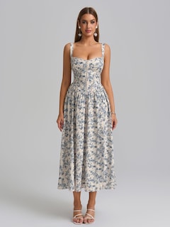 Foto 4 | Foto 4 | Vestido Midi Kutumai Con Corsé Floral Y Abertura Fluida Con Bolsillos Azul Xs - Venta Internacional.