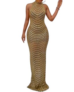 Foto 1 | Foto 1 | Vestido Largo Nagfar Para Mujer Sin Mangas Con Diamantes De Imitación Color Dorado - Venta Internacional.