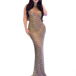 Foto 2 | Foto 2 | Vestido Largo Nagfar Para Mujer Sin Mangas Con Diamantes De Imitación Color Dorado - Venta Internacional.