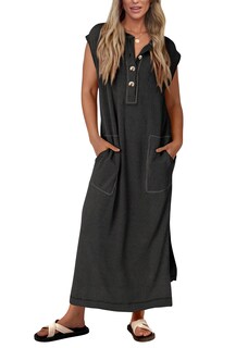 Foto 1 | Foto 1 | Vestido De Verano Kirundo De Punto Acanalado Henley Maxi Black Para Mujer - Venta Internacional.