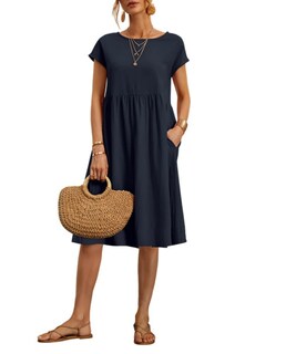 Foto 1 | Foto 1 | Vestido Midi Zhyaj Con Cuello Redondo Y Manga Corta Holgado Túnica De Algodón - Venta Internacional.