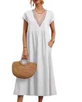 Vestido Midi De Algodón Zhyaj Túnica Holgada Con Bolsillos Color Blanco - Venta Internacional.