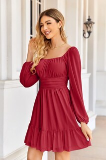 Foto 3 | Foto 3 | Vestido Wenrine Mesh De Manga Larga Con Cuello Cuadrado En Una Línea Roja Para Mujer - Venta Internacional.