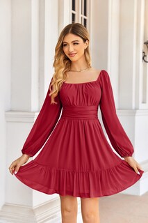 Foto 4 | Foto 4 | Vestido Wenrine Mesh De Manga Larga Con Cuello Cuadrado En Una Línea Roja Para Mujer - Venta Internacional.