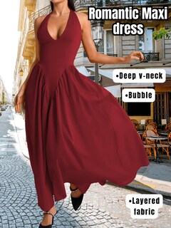 Foto 2 | Foto 2 | Vestido Chiaolezhee Con Cuello En V Profundo Halter Maxi Rojo Burdeos Para Mujer - Venta Internacional.