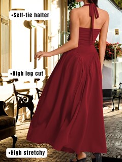 Foto 3 | Foto 3 | Vestido Chiaolezhee Con Cuello En V Profundo Halter Maxi Rojo Burdeos Para Mujer - Venta Internacional.