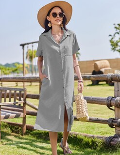 Foto 2 | Foto 2 | Vestido Camisero Hotouch De Verano De Lino De Manga Corta Para Mujer - Venta Internacional.