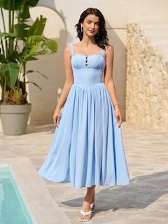 Foto 3 | Foto 3 | Vestido Kutumai De Encaje De Verano Con Cuello Cuadrado Midi Azul Y Bolsillos - Venta Internacional.
