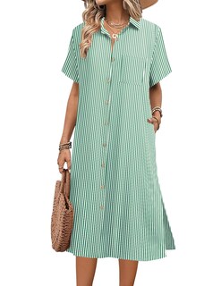 Foto 1 | Foto 1 | Vestido Camisero Hotouch A Rayas De Lino De Manga Corta Para Mujer - Venta Internacional.