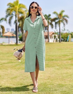 Foto 2 | Foto 2 | Vestido Camisero Hotouch A Rayas De Lino De Manga Corta Para Mujer - Venta Internacional.