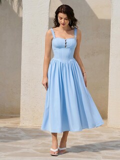 Foto 5 | Foto 5 | Vestido Kutumai De Encaje De Verano Con Cuello Cuadrado Midi Azul Y Bolsillos - Venta Internacional.