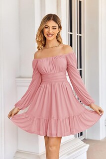 Foto 2 | Foto 2 | Vestido Wenrine Mesh De Manga Larga Con Cuello Cuadrado En Una Línea Rosa Para Mujer - Venta Internacional.
