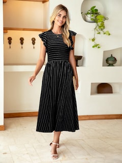Foto 4 | Foto 4 | Vestido Simplee A Rayas Midi Summer A Line Negro Para Mujer - Venta Internacional.