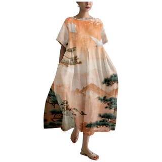 Foto 1 | Foto 1 | Vestido Casual Marsvovo Para Mujer Arte Japonés Naranja Algodón Y Lino - Venta Internacional.