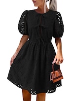 Vestido Kirundo Summer 2025 Manga Corta Abullonada Ojales Negro - Venta Internacional.